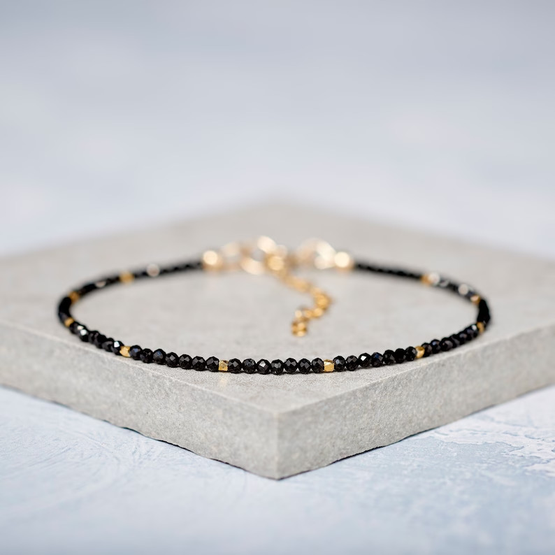 Minimalist Black Spinel Tiny 2mm Gemstone Healing Protection Dainty Bracelet