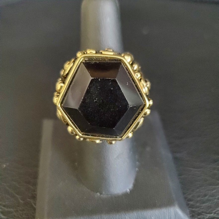 Gold Tone Hexagon Black Stone Statement Cocktail Ring Size 8.5 Ornate Beaded