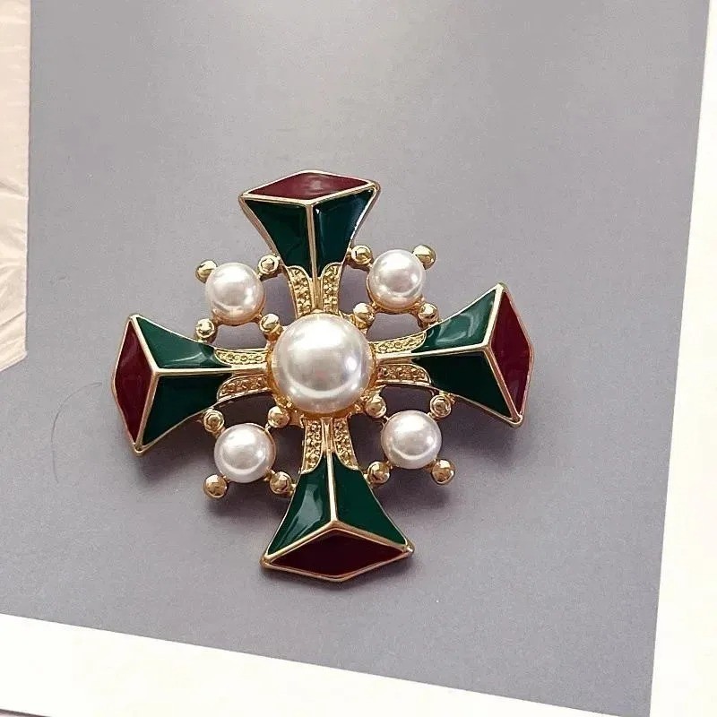 Vintage Baroque Cross Brooch Pin Court Style Enamel Pearl Corsage Unisex Jewelry