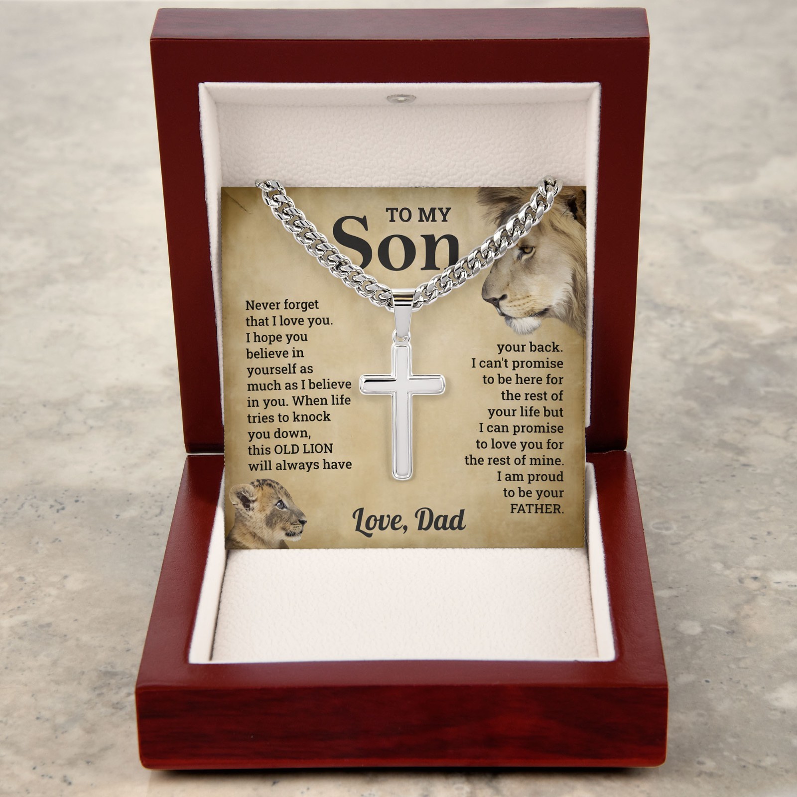 To My Son Cross Necklace Cuban Chain from Dad Lion Faith Jewelry Bday Graduation