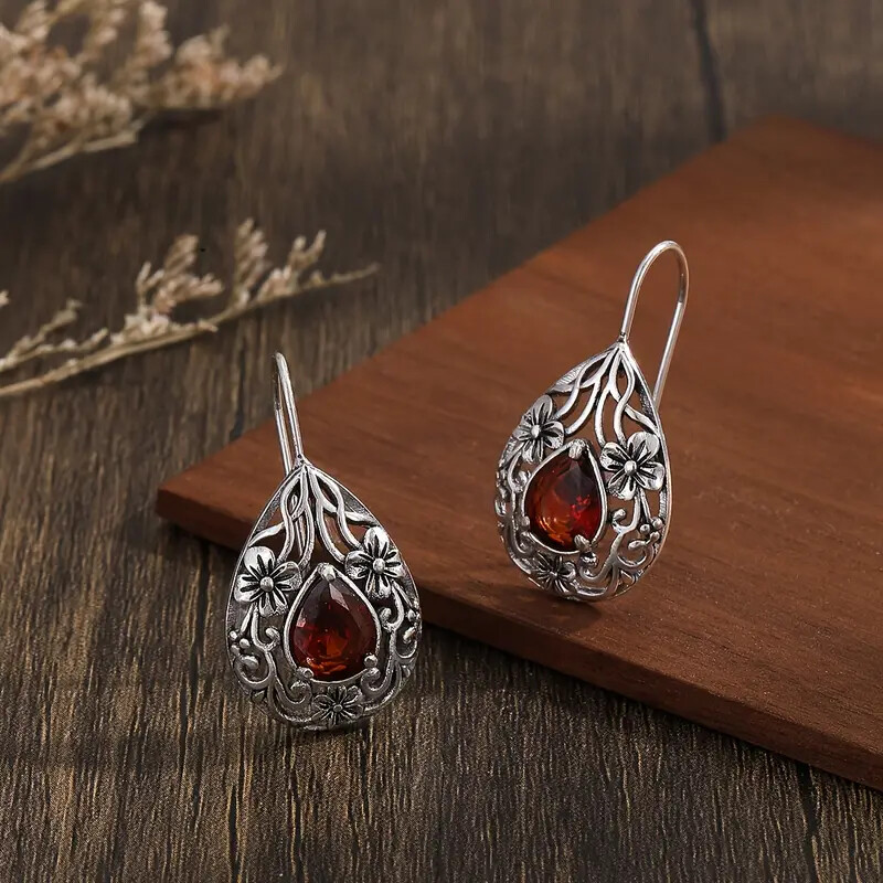 Beautiful Filigree Teardrop Garnet Silver Hook Earrings Great for Everyday Wear