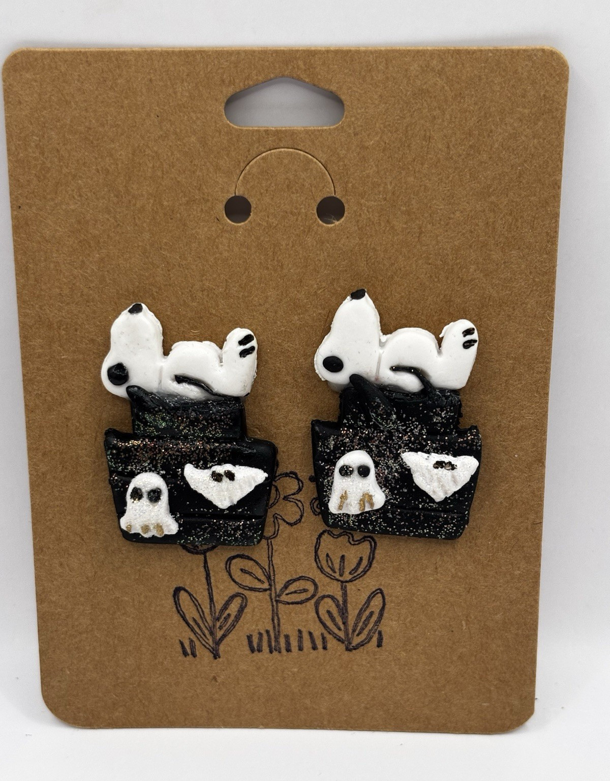 Snoopy Halloween Earrings Black Glitter Doghouse Ghost Polymer Clay Jewelry
