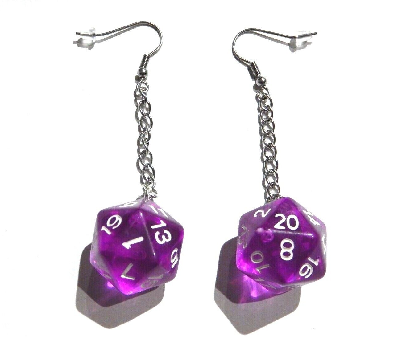 PURPLE D20 DICE EARRINGS 20-sided die rpg gamer girl DnD nerd jewelry E2