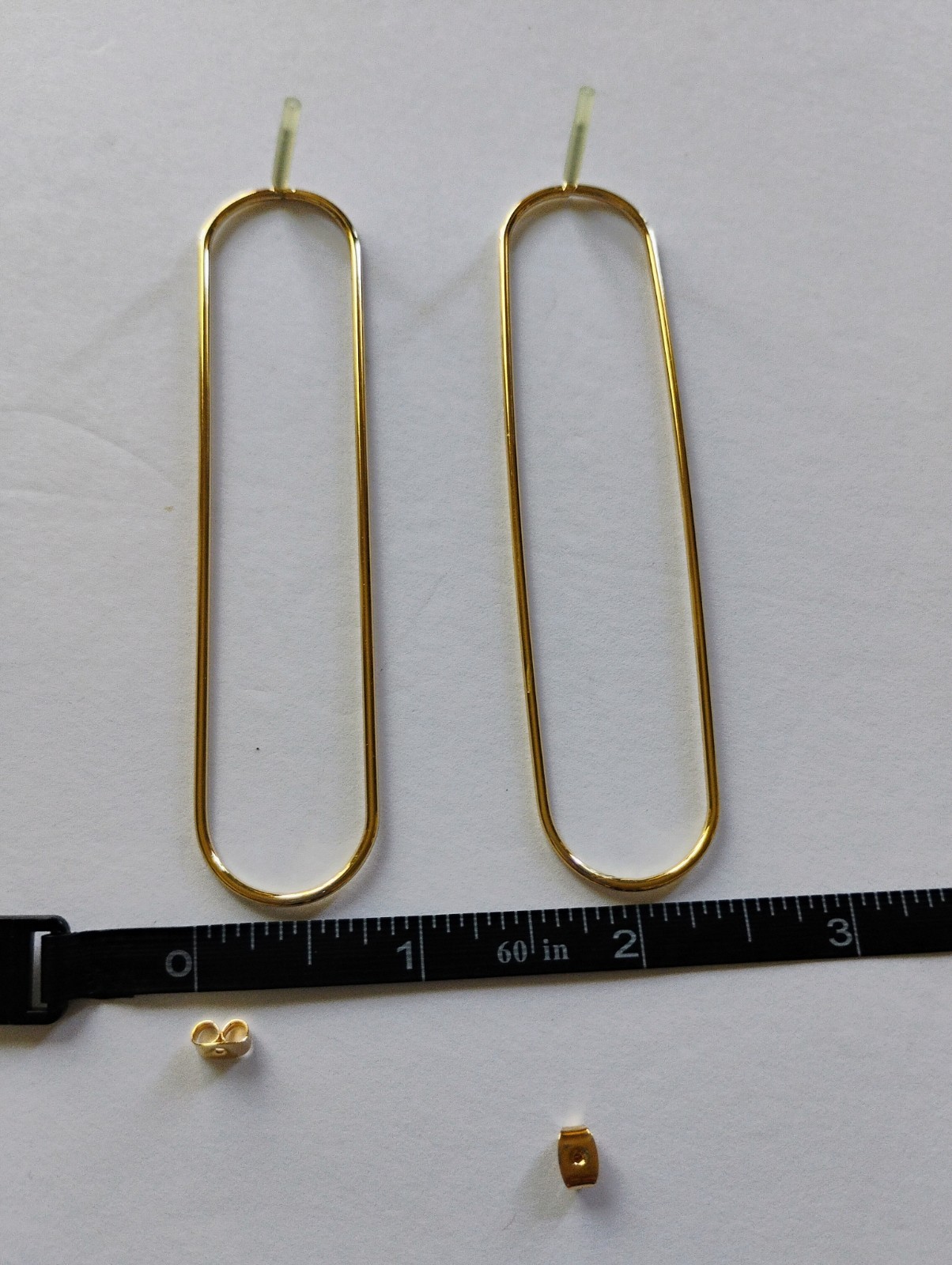 Gold Tone Elongated Oval Dangle Drop Earrings Butterfly Back No Stone 4 in