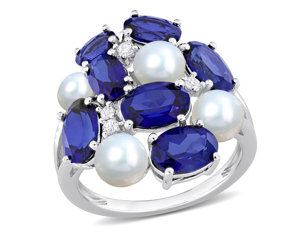 7.00 Carat (ctw) Lab-Created Blue and White Sapphire with Freshwater Cultured Pe