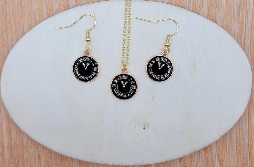 Small size Clock necklace, Clock earrings, White clock necklace, Black clock