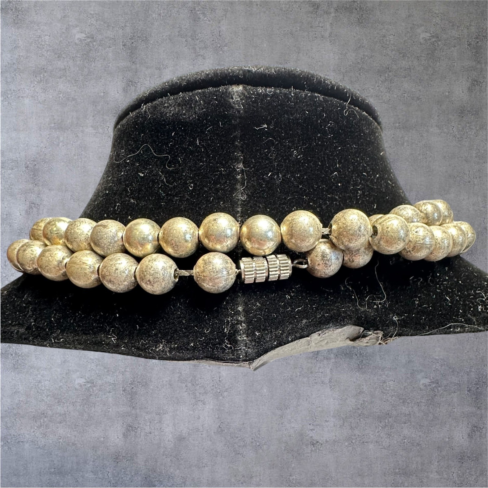 30in Silver Tone Metal Beaded Necklace Antique Textured Statement