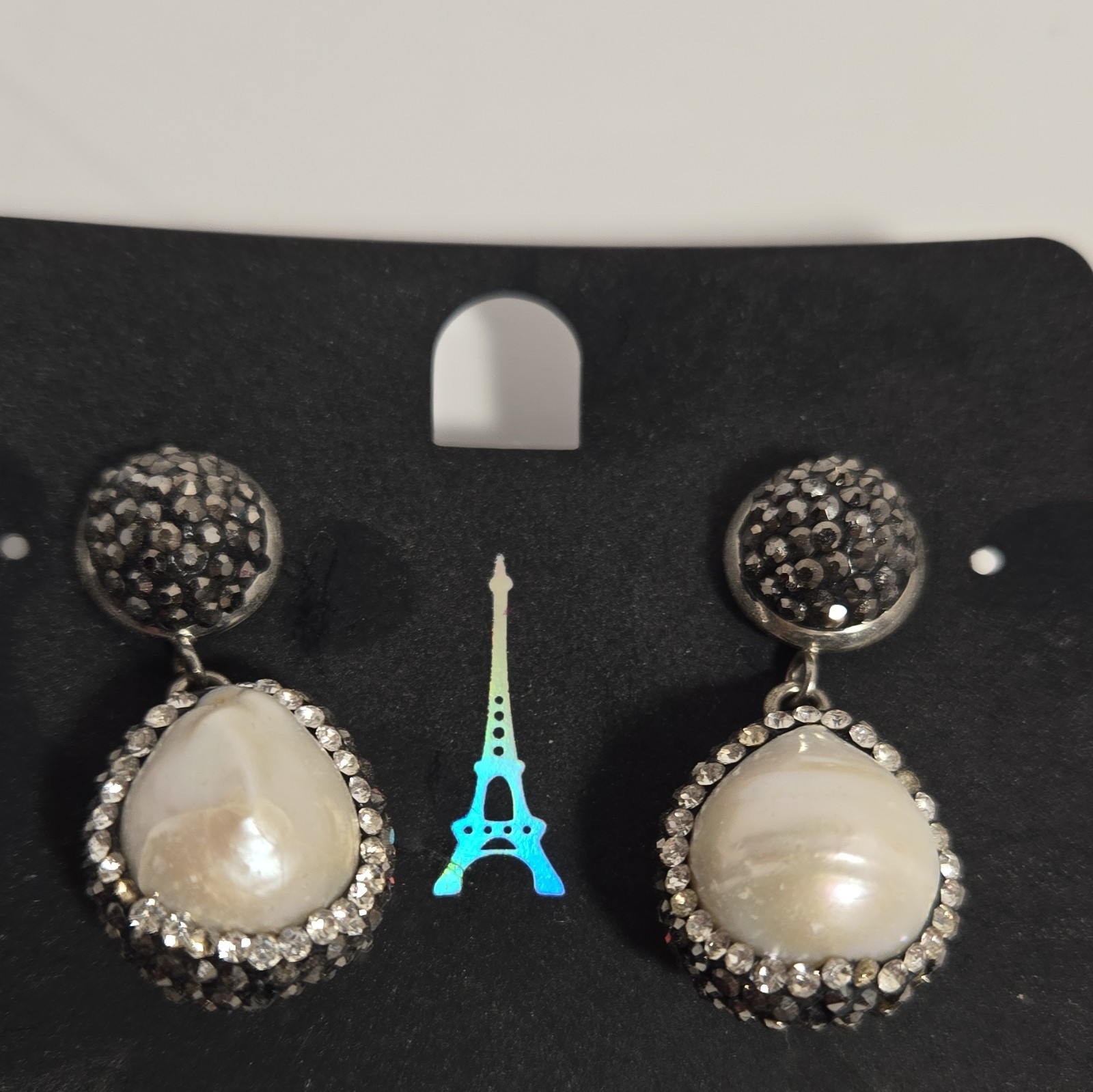 Silver Tone Pavé Rhinestone & Simulated White Teardrop Pearl Dangle Stud