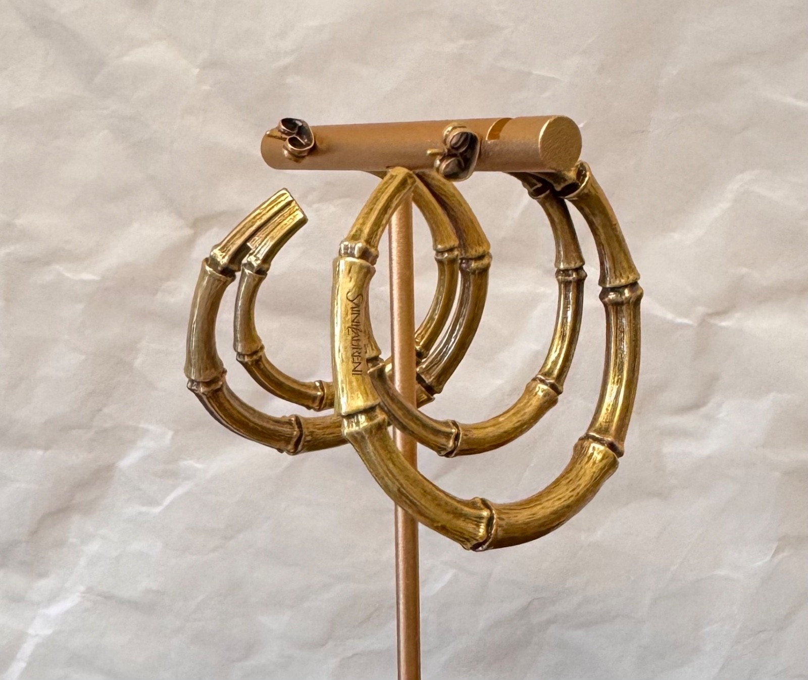 Saint Laurent YSL Bamboo Hoop Earrings Gold Tone Hoops # 564
