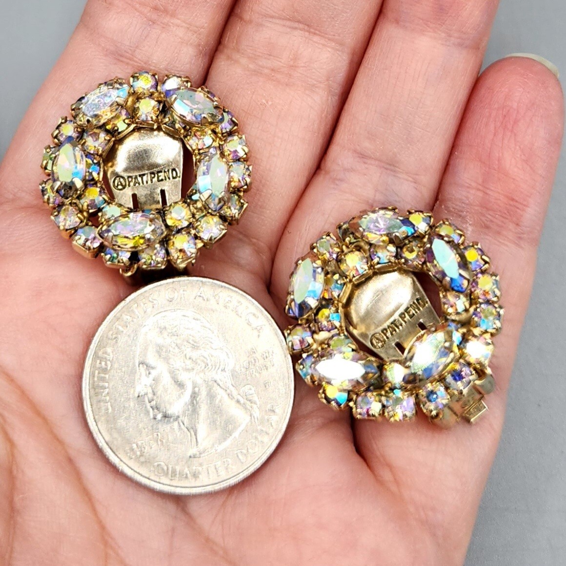 Vintage Unsigned Marquise AB Chaton Rhinestone Halo Circle Clip Earrings
