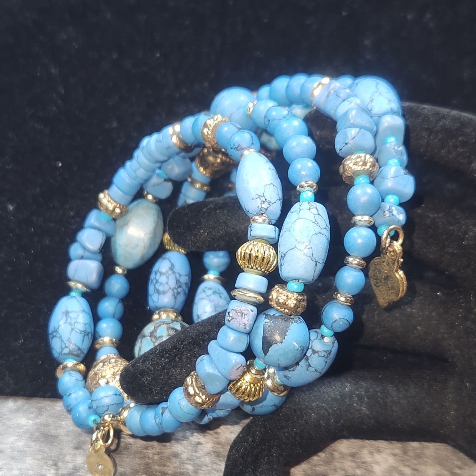 Chicos Blue Turquoise color Multi Strand Wrap Bracelet Gold Tone Accents