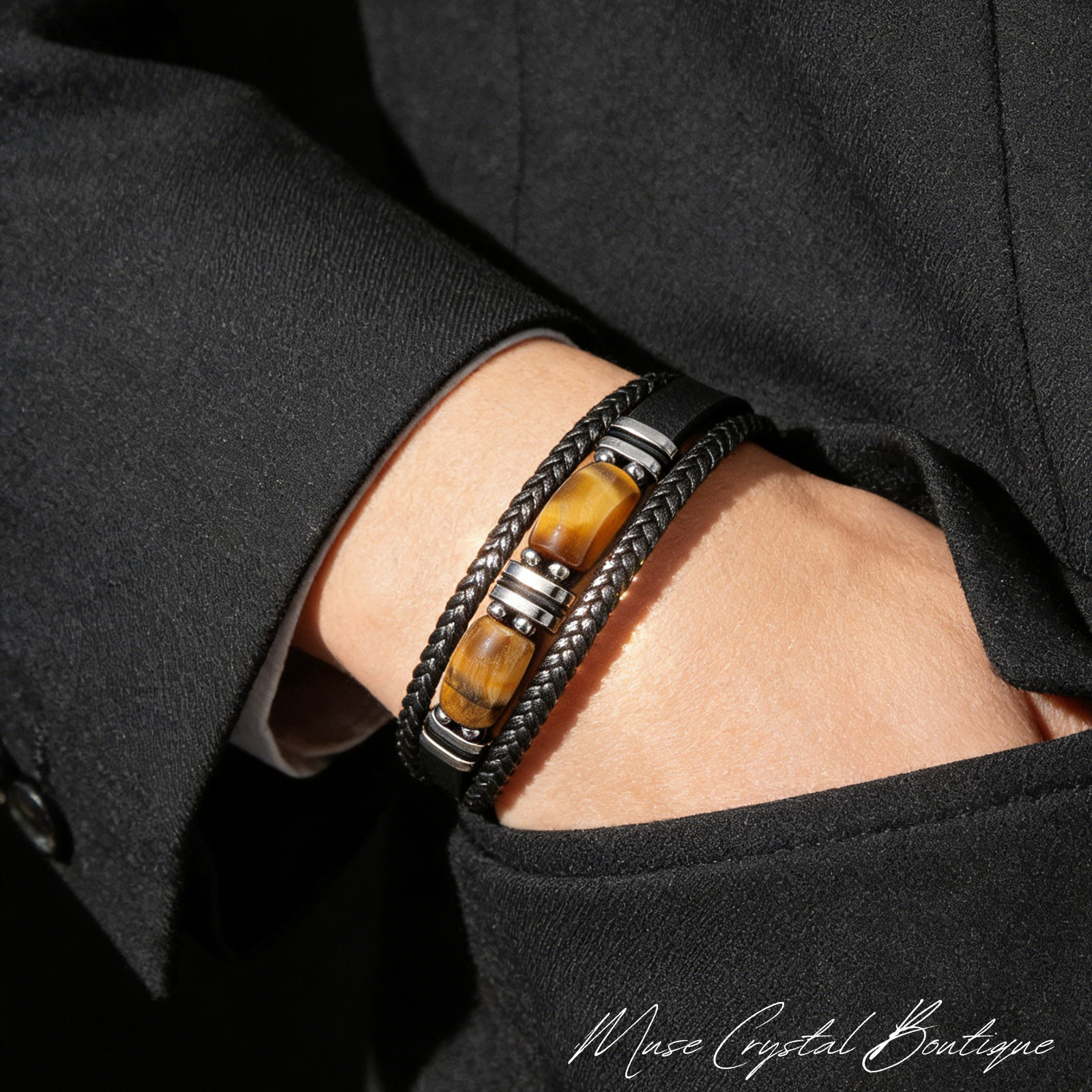 Natural Tiger Eye Bracelet Men Genuine Leather Braided Healing Energy Jewelry