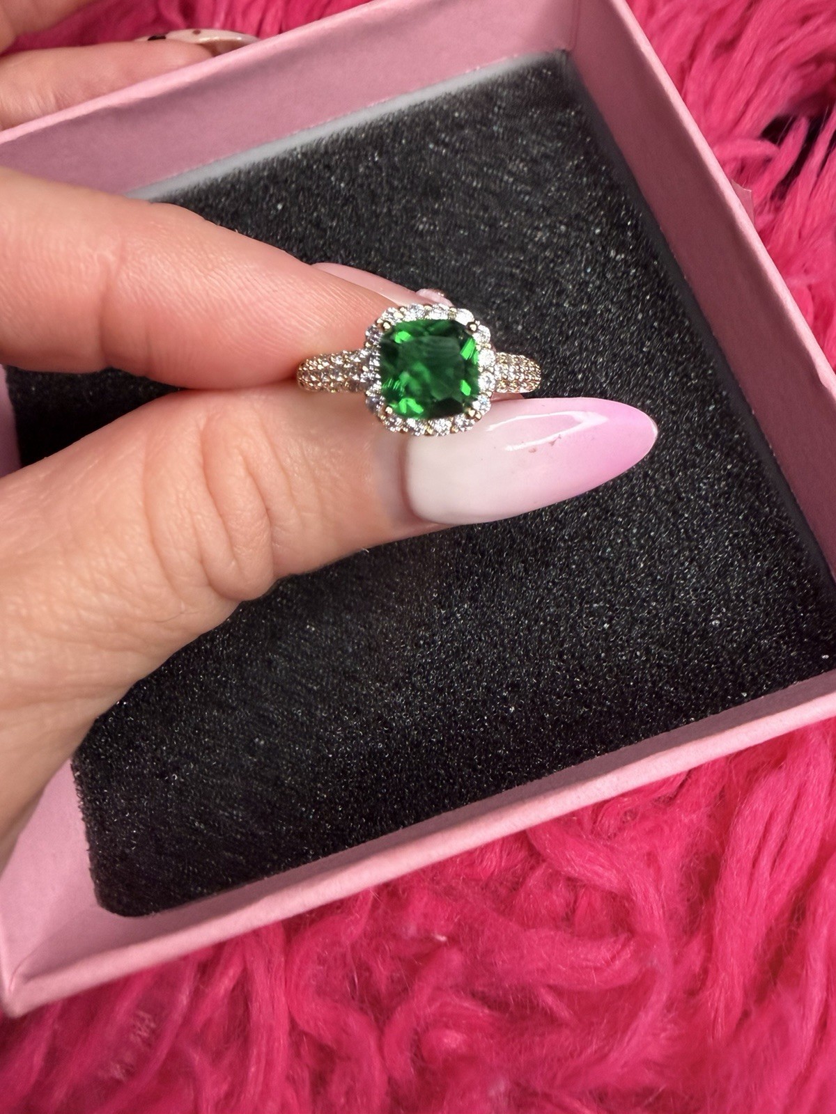 Gold Filled Emerald Green Halo Ring AAA CZ Cushion Cut Size 6