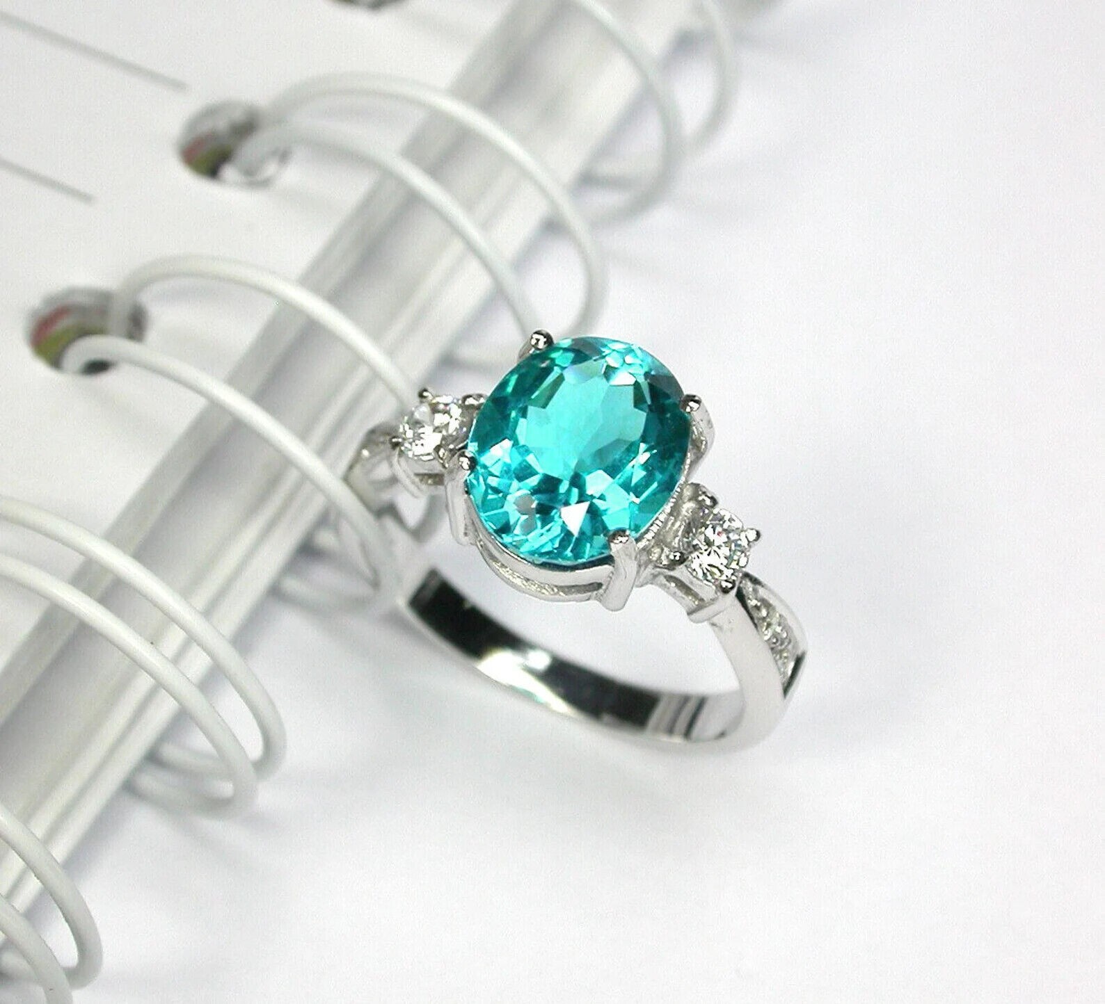 NATURAL 3.4 BLUE PARAIBA TOURMALINE HANDMADE OVAL CUT SIDE ZIRCON RING SIZE 7.25