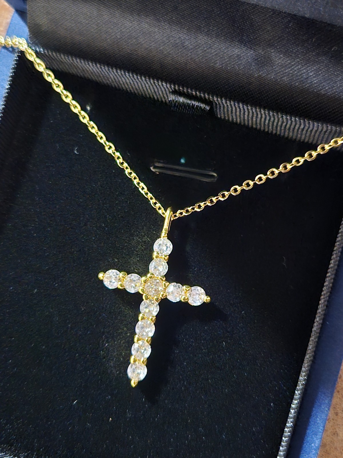 Yellow Gold Metal Cross Charm Pendant Necklace, White CZ Prong Set Cable Chain