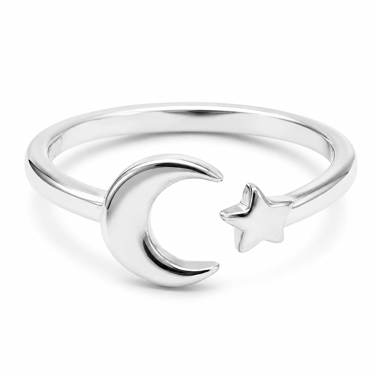 Crescent Moon & Star Open Ring, 18K White Gold Plated Stackable Daily Jewelry