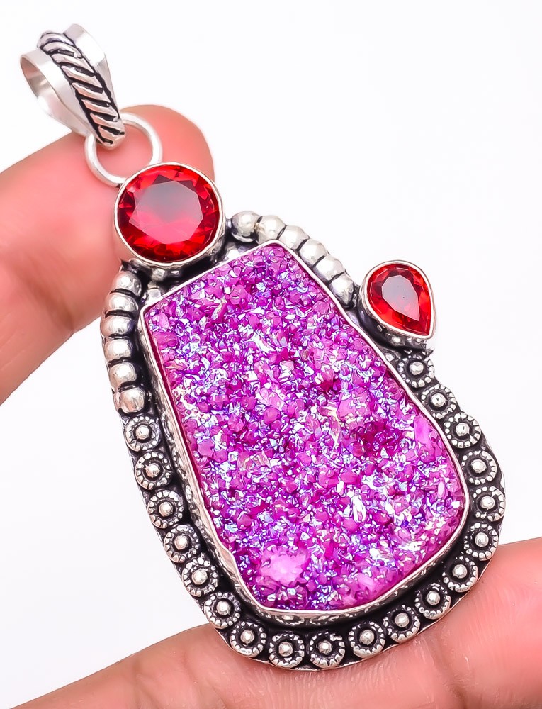 Natural Pink Titanium Drusy & Garnet 925 Silver Plated Pendant 2.6″ T2773