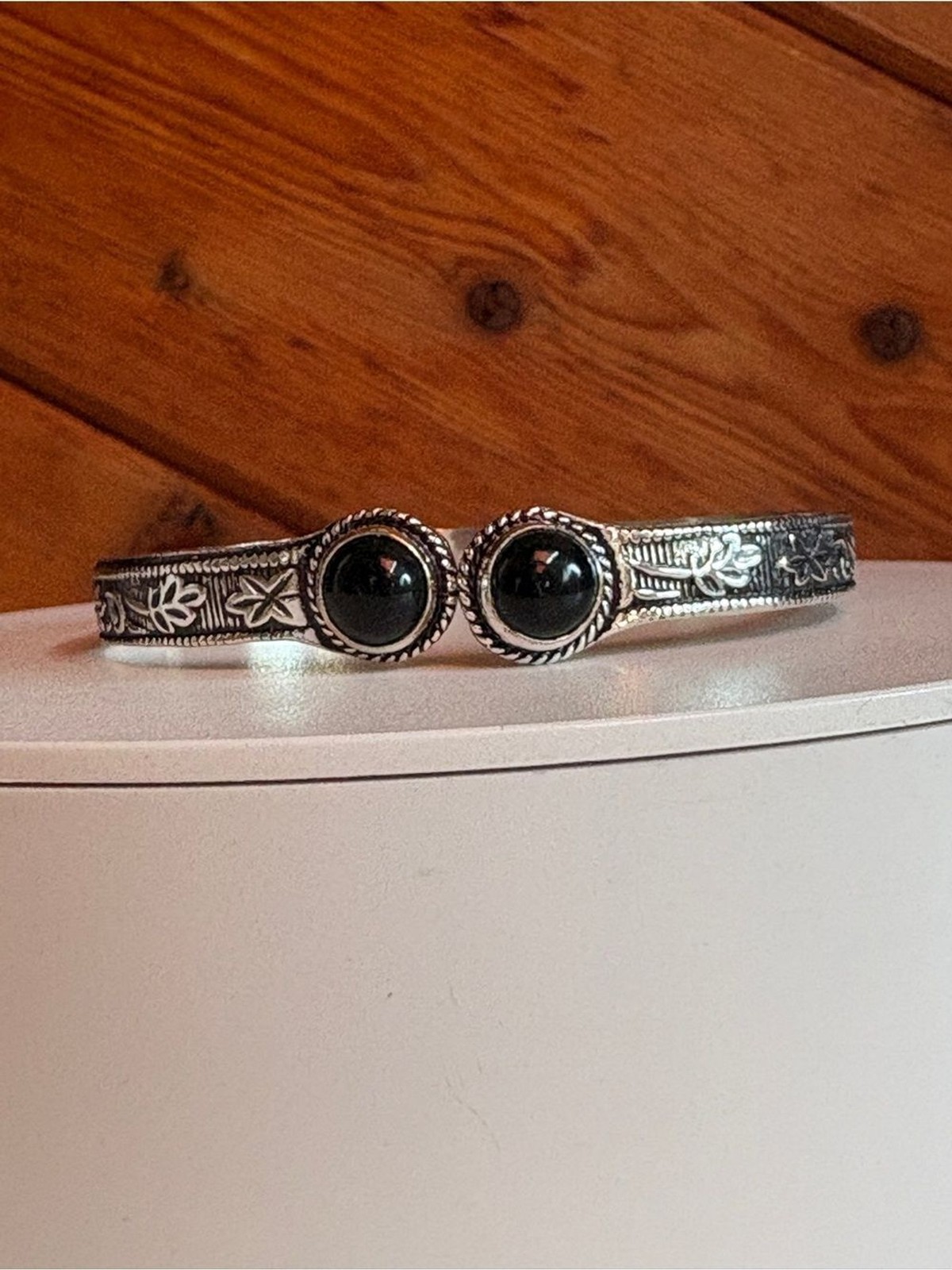 Sterling Silver Black Onyx Floral-Engraved Cuff Bracelet