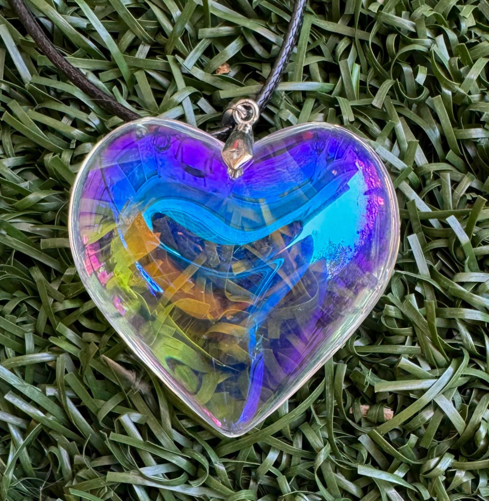 Iridescent Heart Necklace Puffy Heart Pendant Glass Charm Heart Choker Gift