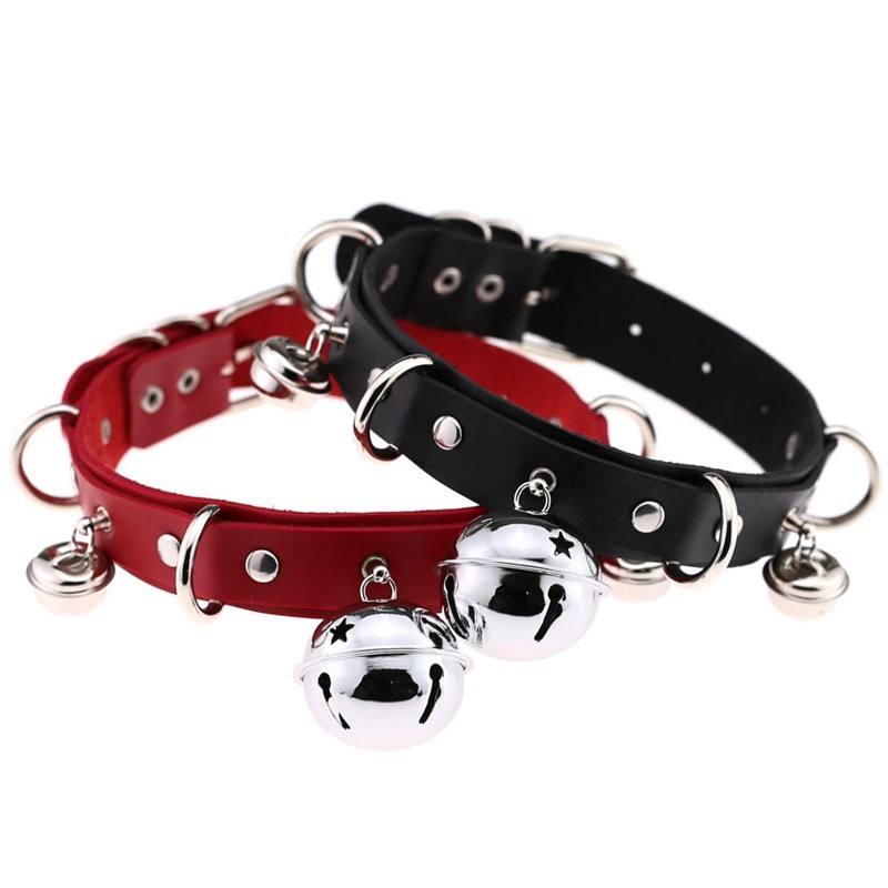 Womens Necklace Bondage Punk Gothic Choker Bell Collar Chain PU Leather