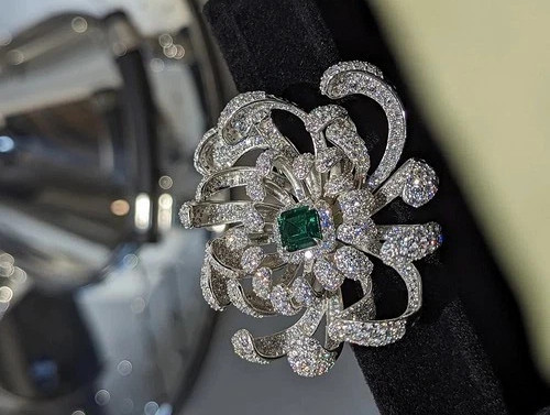 Asscher Cut Lab-Created Emerald Petal Flower Brooch Pin In 14K White Gold Plated