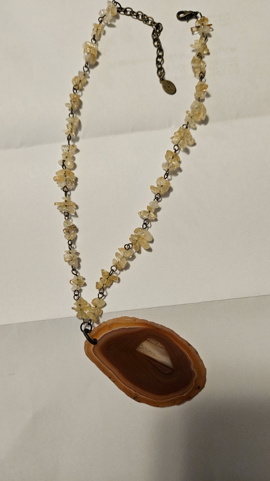 Robert Rose Brown Agate Slice Pendant Beaded Necklace 18in Cable Lobster Signed