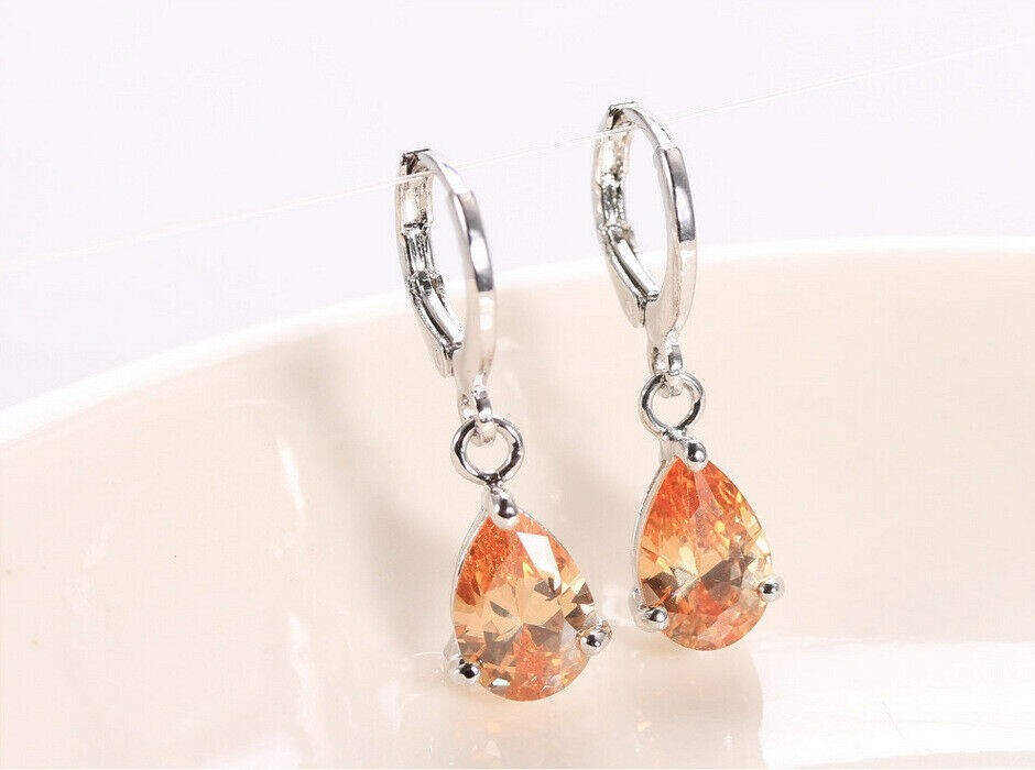 Pretty New Silver Plated Orange CZ Pear Shape Teardrop Leverback Dangle Earrings