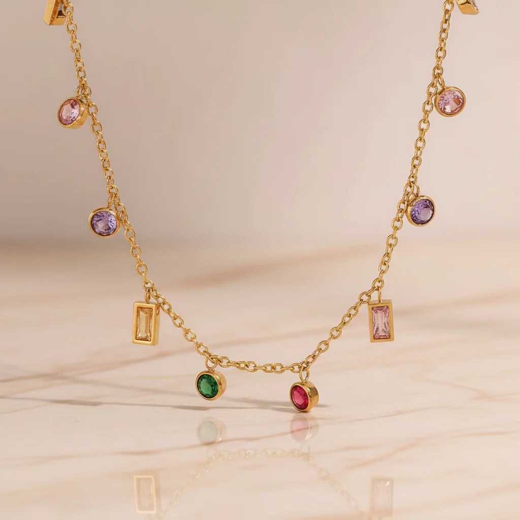 Multicolor Gemstone Necklace Gold Charm Necklace |Stainless Steel Layering Chain