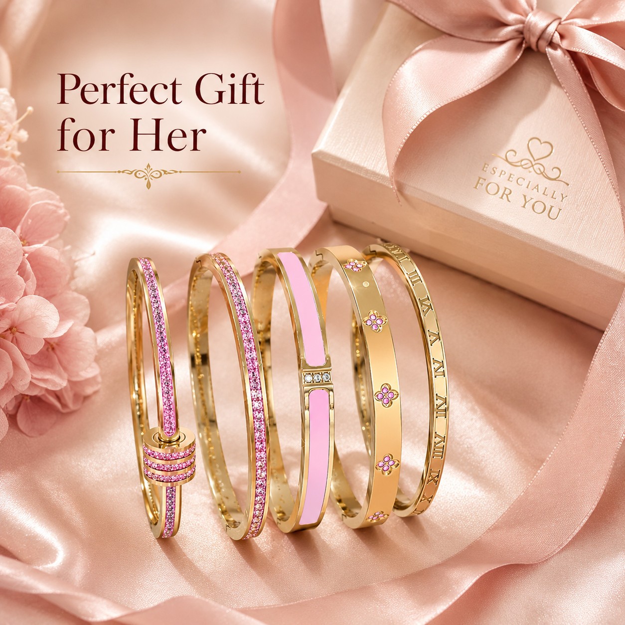 5pc Gold Pink Zirconia Bangle Bracelet Set Stainless Steel Jewelry Gift