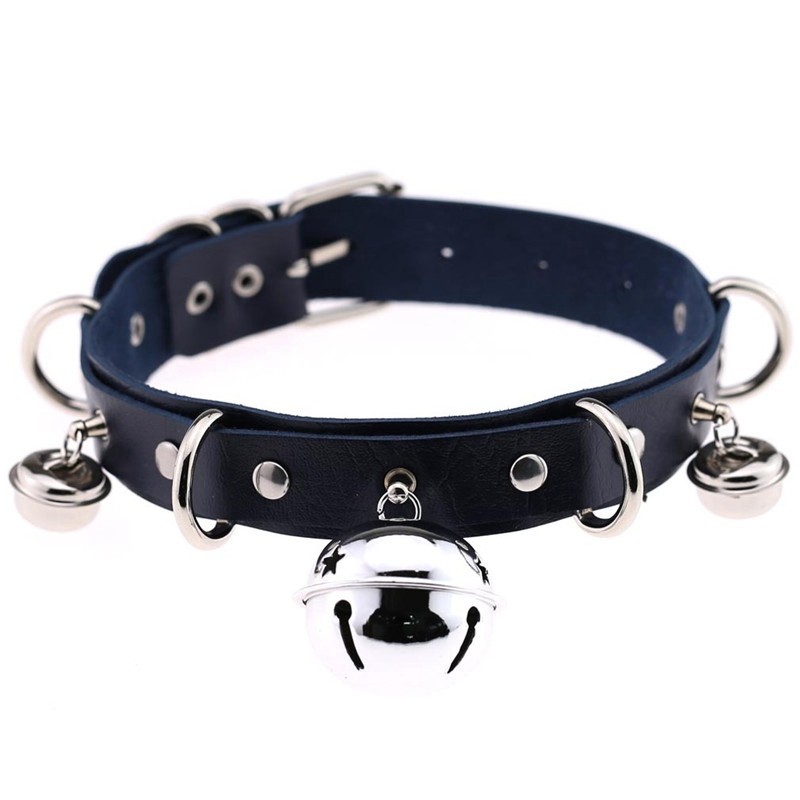 Womens Necklace Bondage Punk Gothic Choker Bell Collar Chain PU Leather