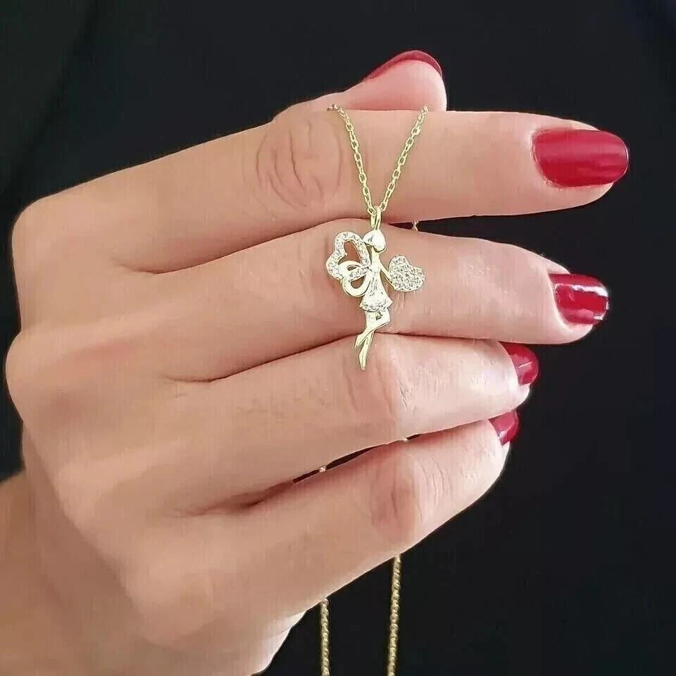 1 Ct Round Simulated Diamond Angel Heart Pendant Necklace 14K Yellow Gold Plated