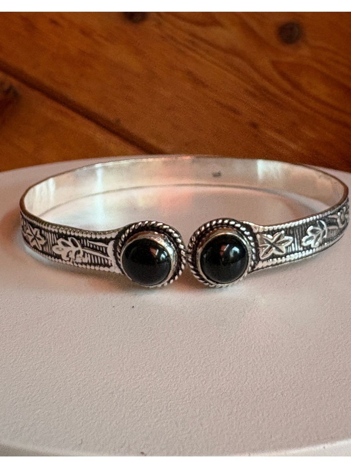 Sterling Silver Black Onyx Floral-Engraved Cuff Bracelet