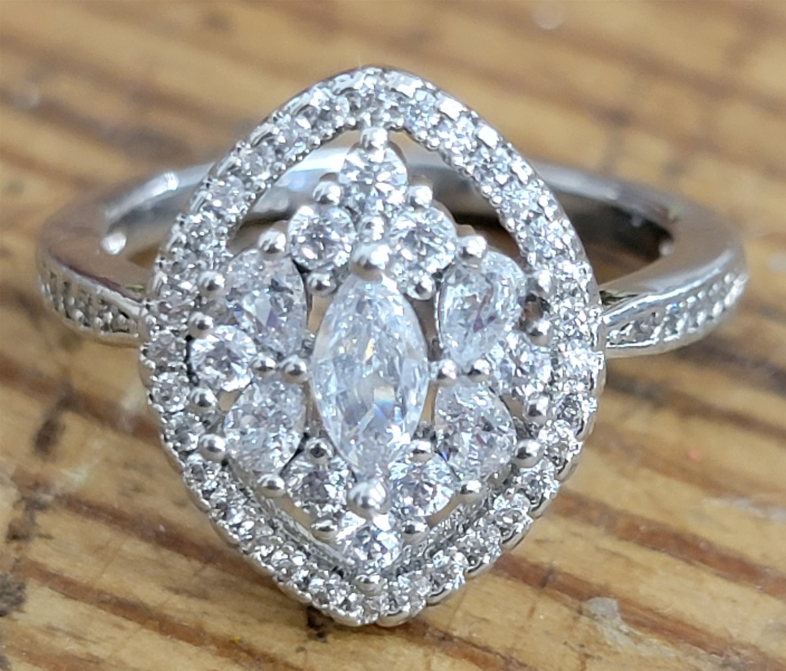 Victorian Trading 6 Clara’s Marquee Halo Promise Ring 925 Sterling 30G