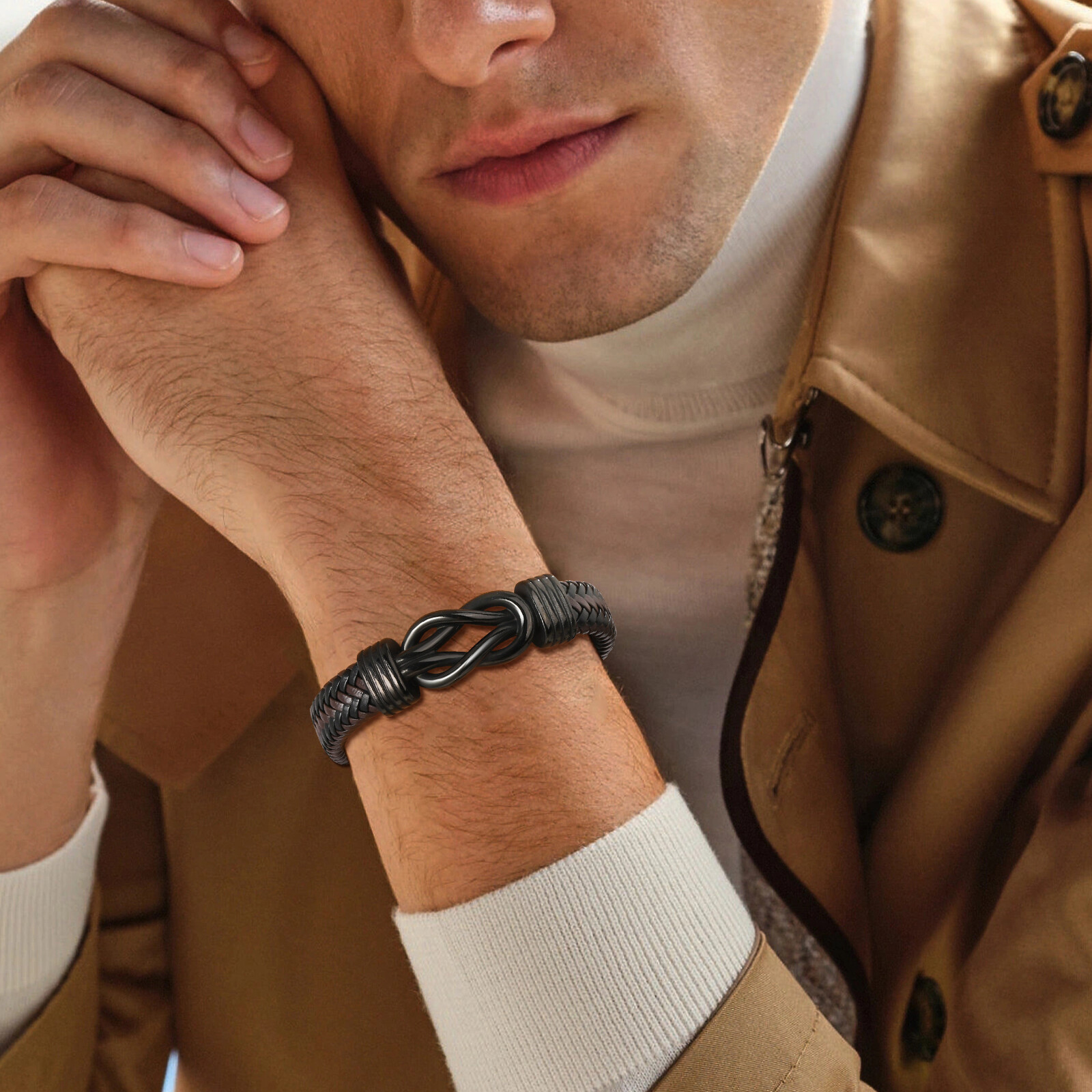 VNox Men Infinity Knot Leather Bracelet Stainless Steel Love Wristband Valentine