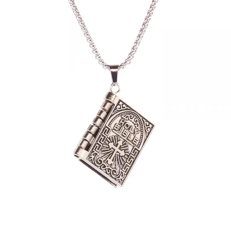 Gothic Style Religious Bible Men’s Necklace Alloy Steel Vintage Flipped Bible