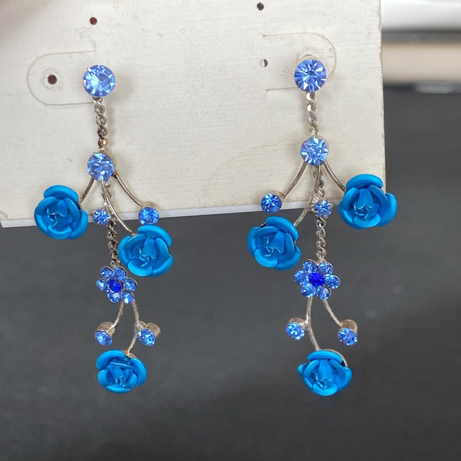 Faceted Blue Rhinestone Retro Aluminum Rose Dangle Silvertone Flower Earrings