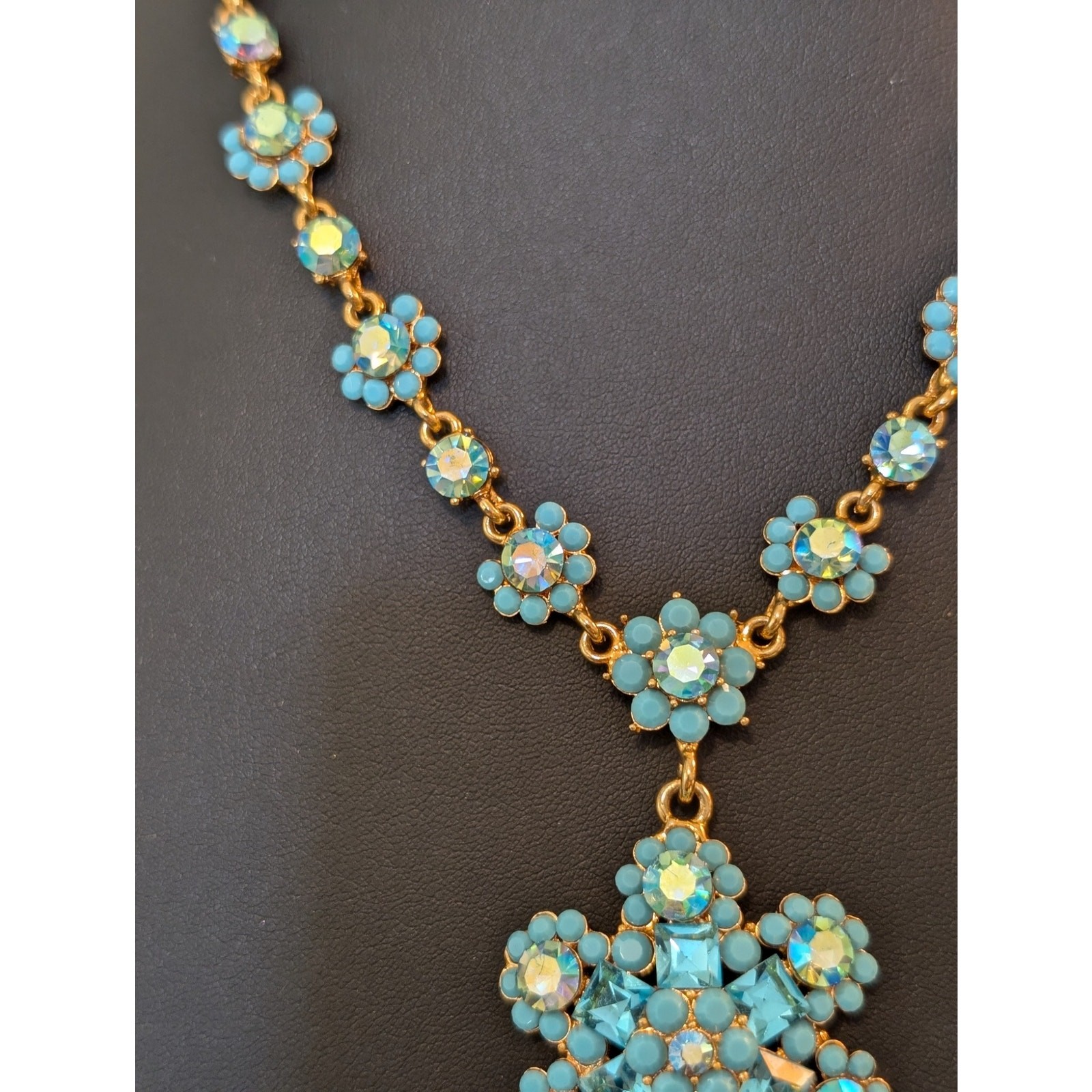 Authentic Cara Blue AB Crystal Gold Tone Pendant 16″ – 20.5″ Necklace