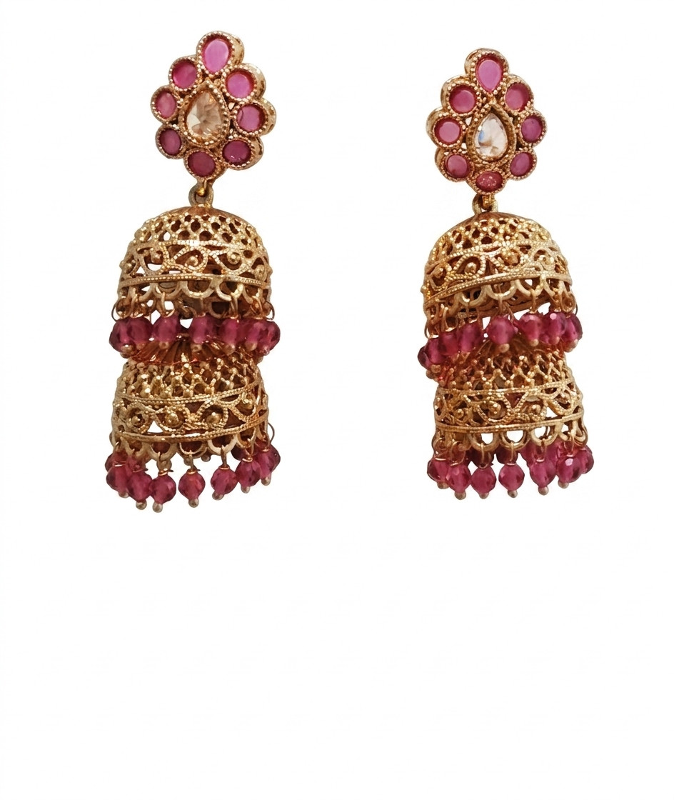Dual Layer Gold Tone Jhumka Earrings with Ruby Pink Stones Crystal Roz Jewellers
