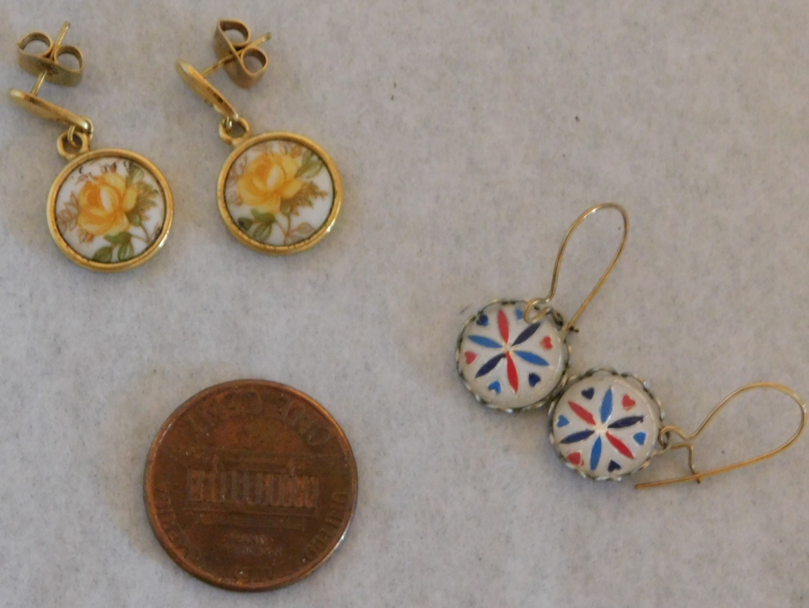 2 Pair Small Earrings – Pierced – Hex Sign + Enamel Ceramic Glass Flower (#E232)