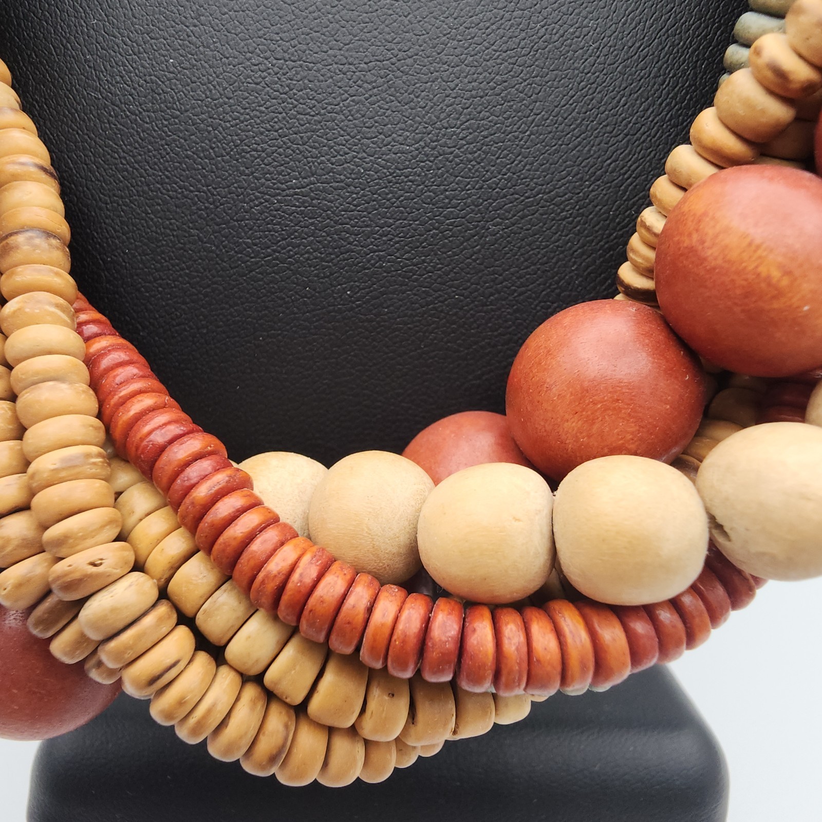 Chunky Multi Strand Wood Bead Statement Necklace Twisted Boho Red Brown Collar