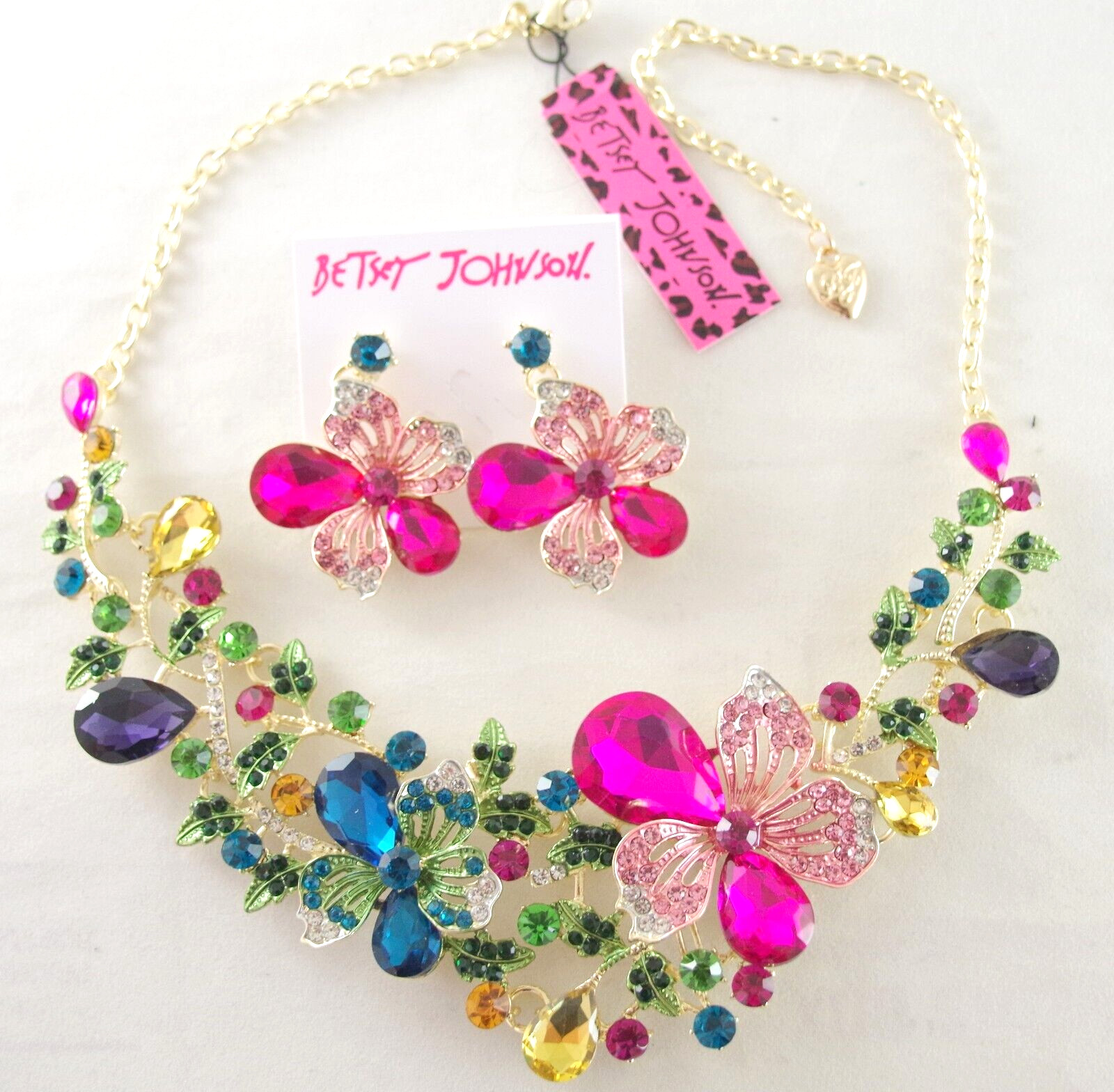 BETSEY JOHNSON MULTICOLOR CRYSTAL FLORAL NECKLACE FLOWER DROP DANGLE EARINGS SET