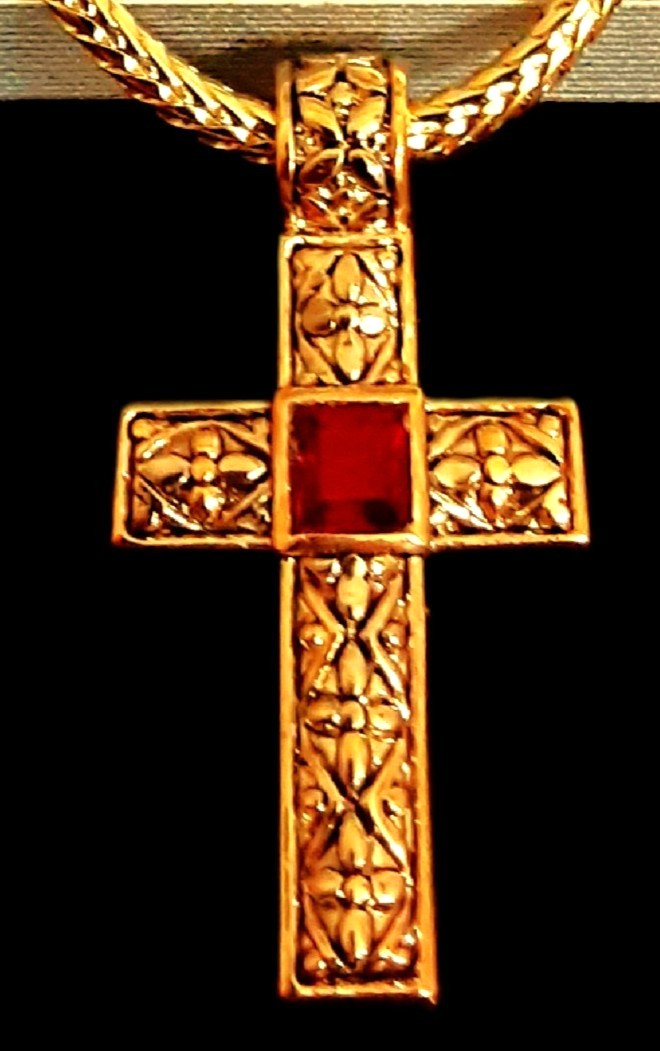 Worthington Cross Necklace and Earring Set with a red simulated Garnet stone VTG