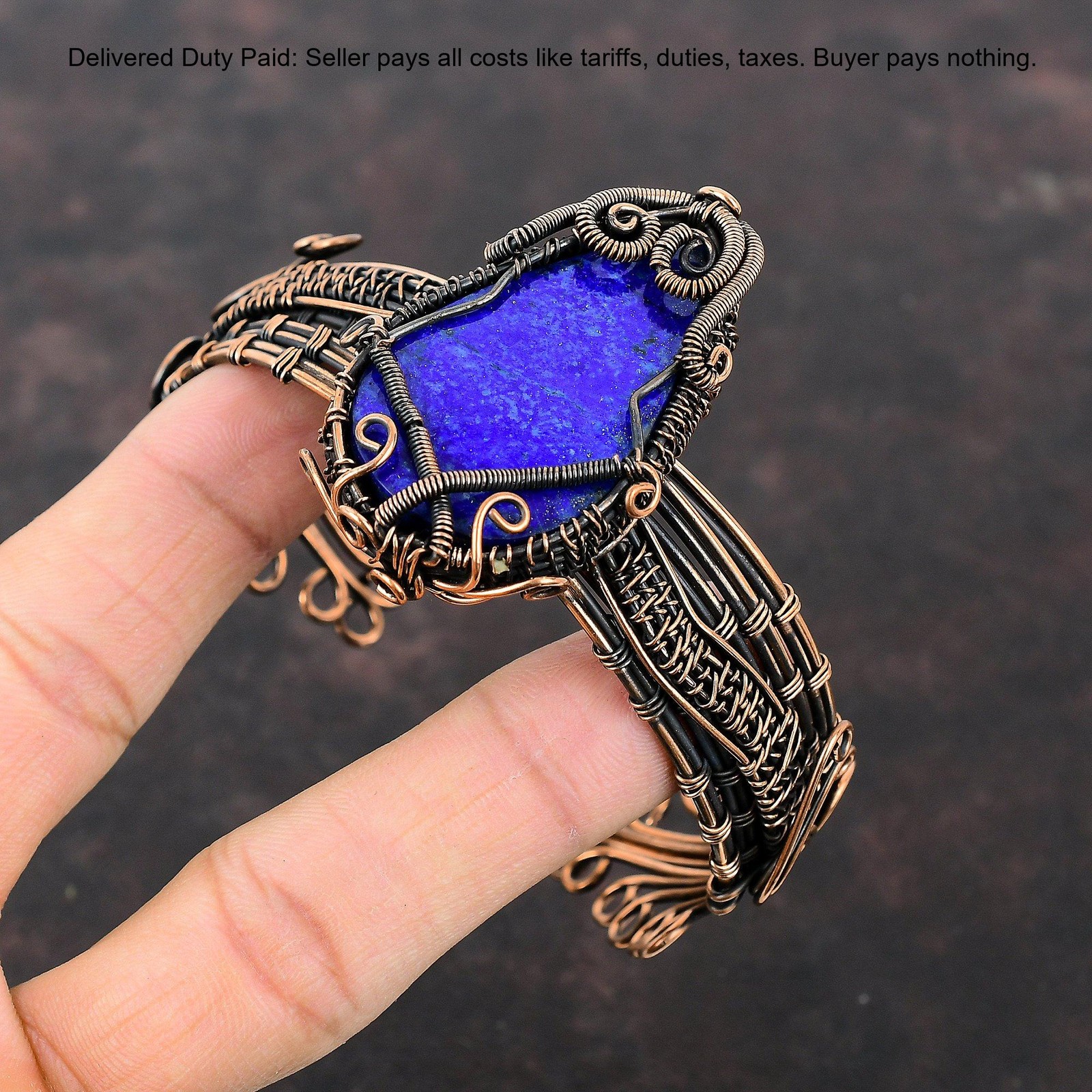 Copper September Lapis Lazuli Gemstone Wire Wrapped Handcrafted Bangle Jewelry