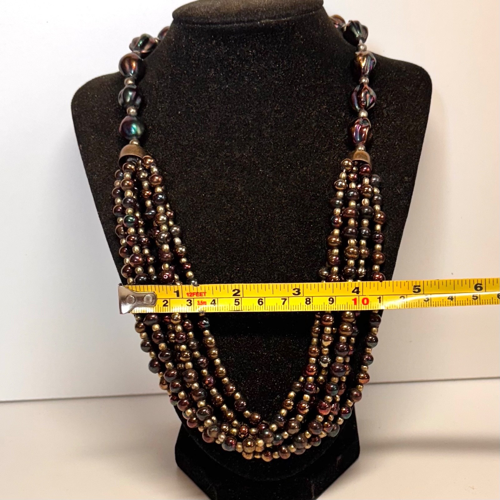 NECKLACE iridescent bronzetone glass beads brasstone metal bead 6 strand 22 1/2″