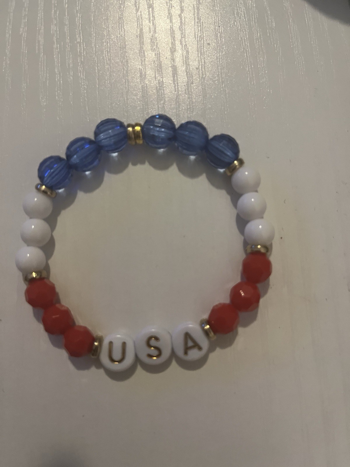 Red White & Blue Plastic Beaded Stretch Bracelet, Sizable, USA Letter, No Stone