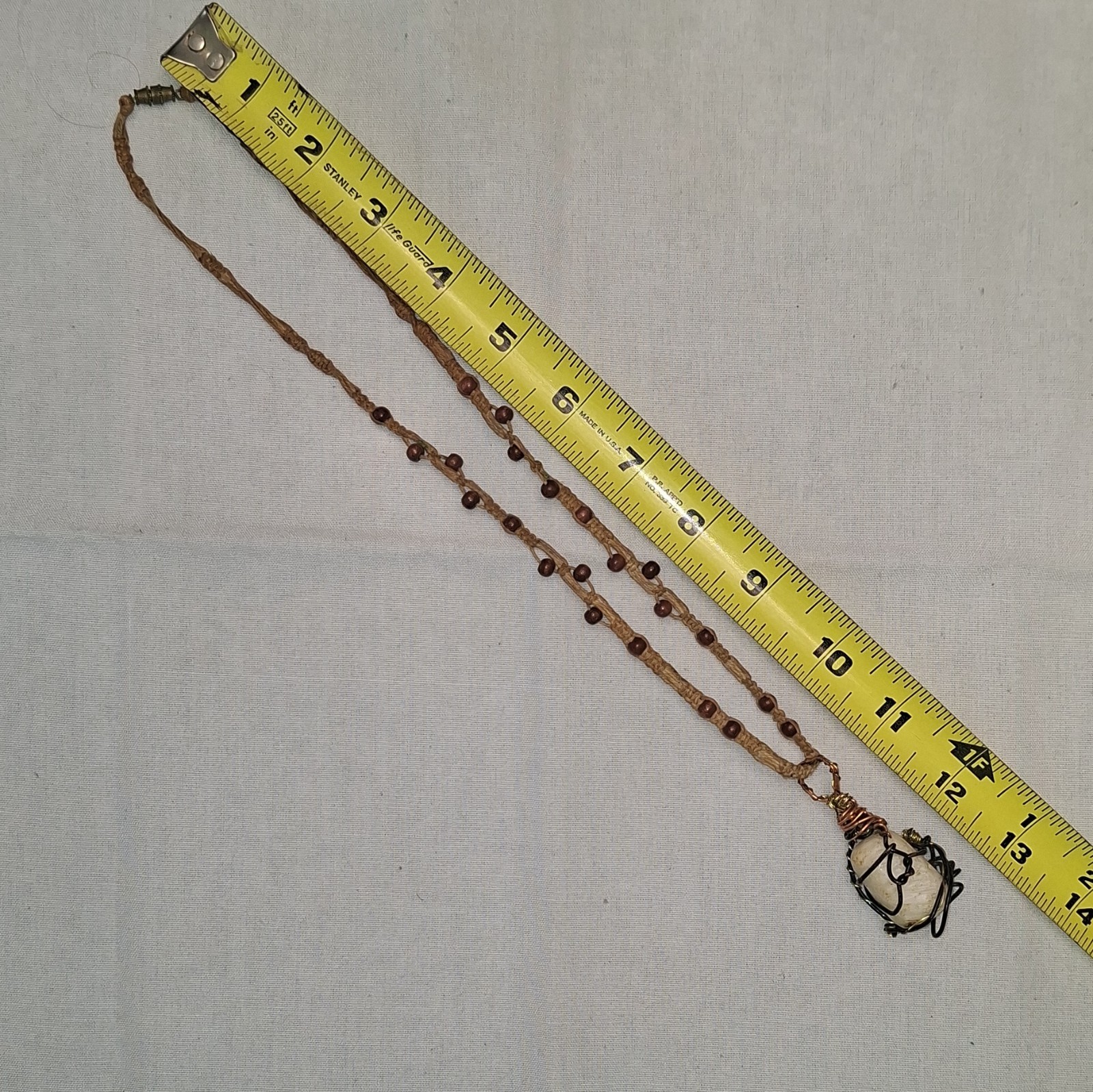 Vintage Bohemian Handcrafted Hemp Cord Necklace – Wire Wrapped Stone Pendant 24″
