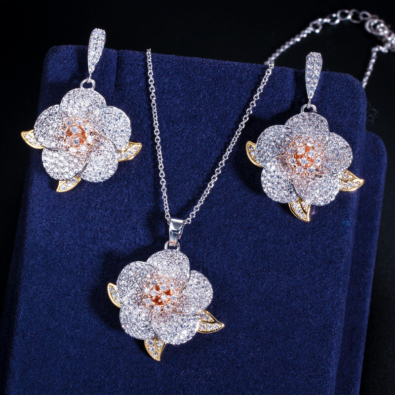CWWZircons Silver Rose Gold Plated CZ Lady Flower Pendant Necklace Earrings Sets