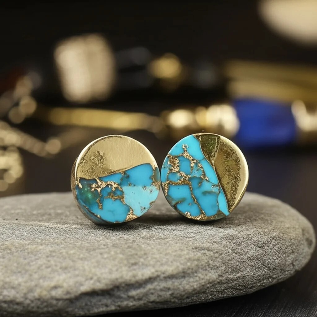 Handmade Natural Turquoise Stud Earrings Blue Gemstone Gold Plated Jewelry Gift