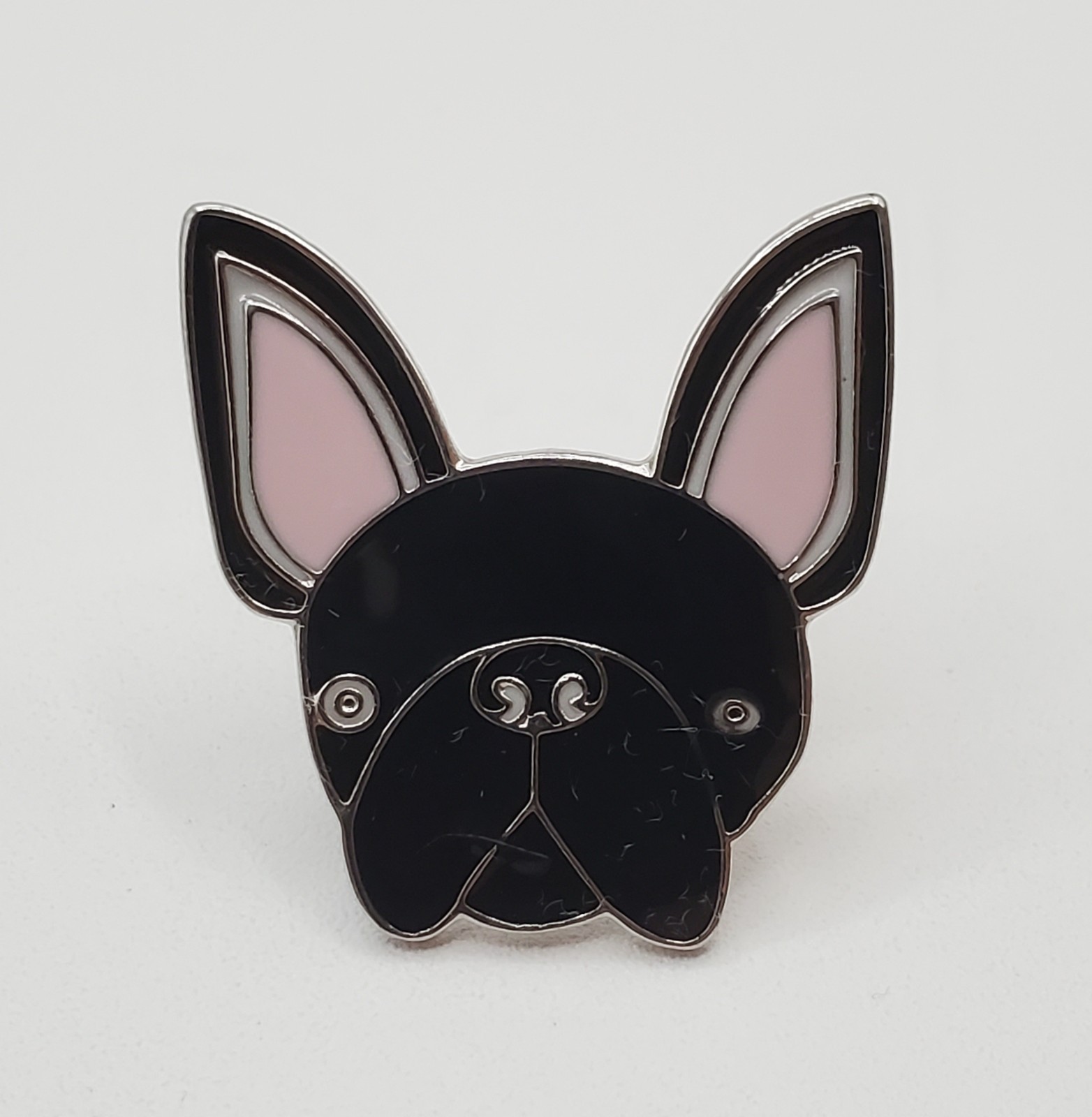 French Bulldog Dog Lapel Pin 1in Black Pink Ears Enamel Lightweight Metal Brooch
