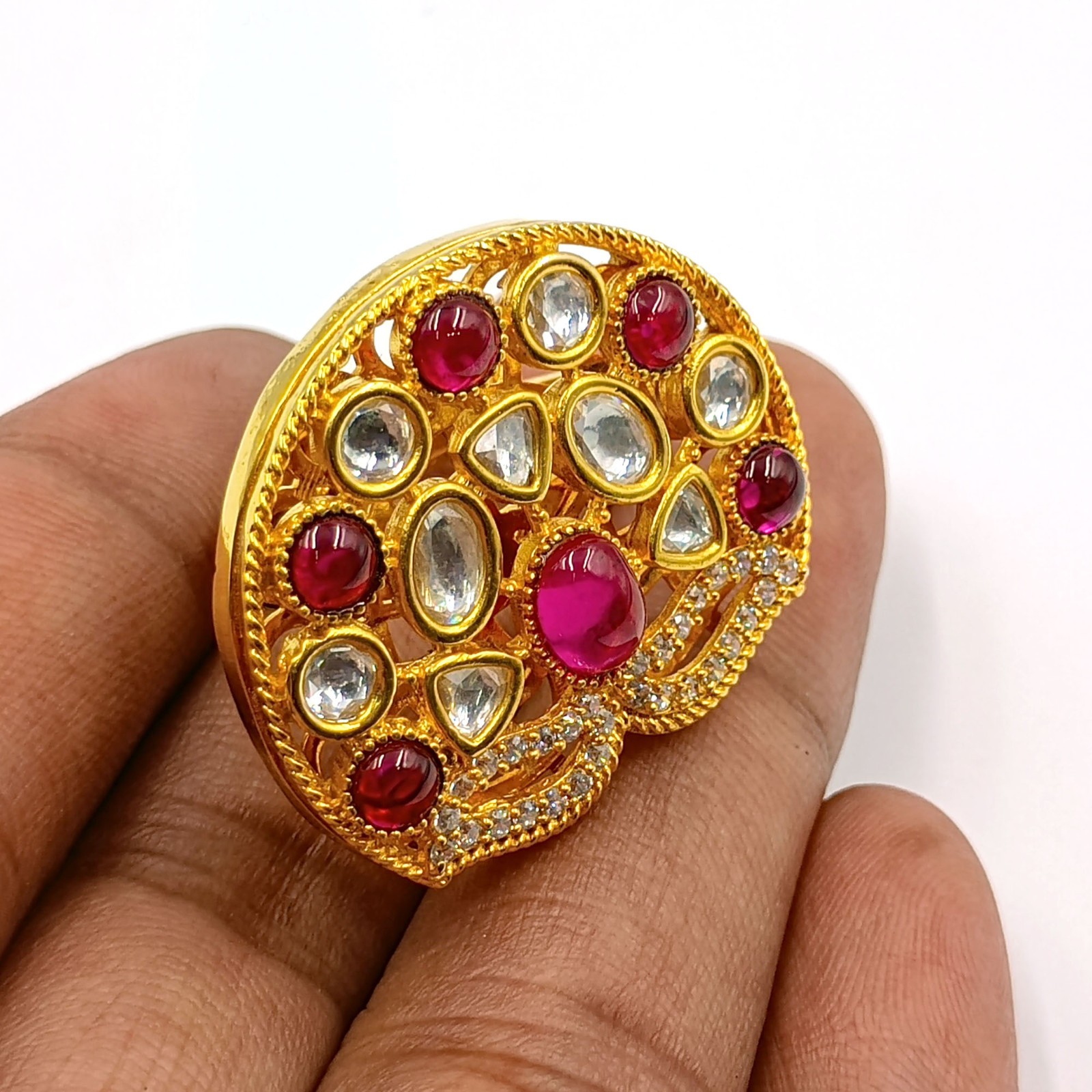 Traditional Indian Kundan Polki Ring Ruby Stone 22k Gold Plated Adjustable Band